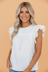 Flutter Sleeve Pleated Lace Round Neck Blouse | Zarnesh