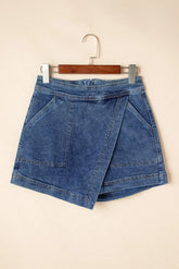 High-Waisted Asymmetrical Denim Wrap Skort | Zarnesh