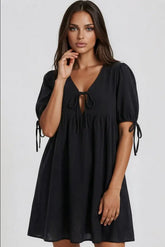 V-Neck Tie-Detail Puff Sleeve Mini Dress | Zarnesh