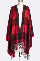 Women Plaid Fringe Details One Size Fits All Poncho Scarf Zarnesh
