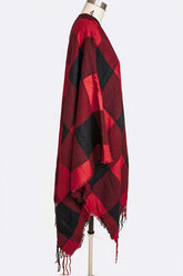 Women Plaid Fringe Details One Size Fits All Poncho Scarf Zarnesh
