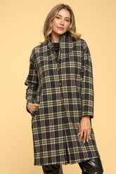 Women Plus Oversized Knee Length Buttons Pockets Plaid Coat Zarnesh
