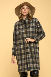 Women Plus Oversized Knee Length Buttons Pockets Plaid Coat Zarnesh