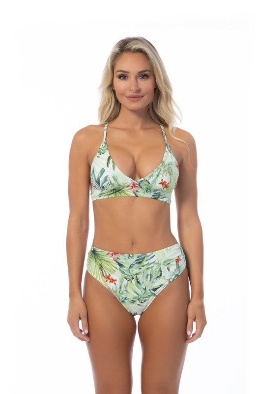 Women Tropical Halter Back Tie Closure Mid Waist Bikini Set Zarnesh