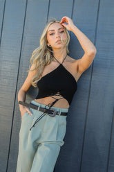 Women Lace Up Halter Knit Bralette Zarnesh