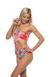 Women Bold Red Tropical Ring Accent One Shoulder One Piece Swim Zarnesh