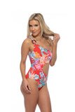 Women Bold Red Tropical Ring Accent One Shoulder One Piece Swim Zarnesh