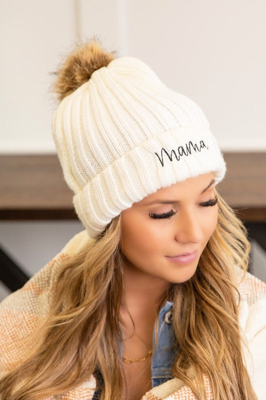 Women Mama Embroidered Faux Fur Pom Beanie Cap | Zarnesh