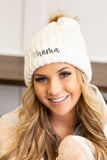 Women Mama Embroidered Faux Fur Pom Beanie Cap | Zarnesh