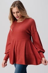 Women Pullover Long Puff Sleeves Soft Knit Babydoll Mini Dress Zarnesh