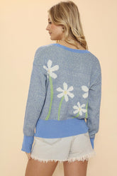 Women Retro Fit Button Woven Knitted Flower Intarsia Cardigan Zarnesh