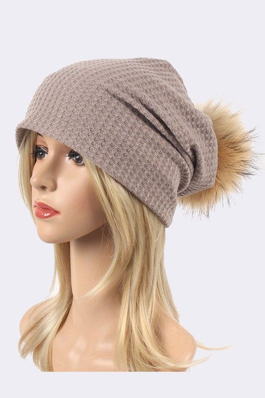 Women’s Faux Fur Pom Cotton Slouchy Beanie | Zarnesh