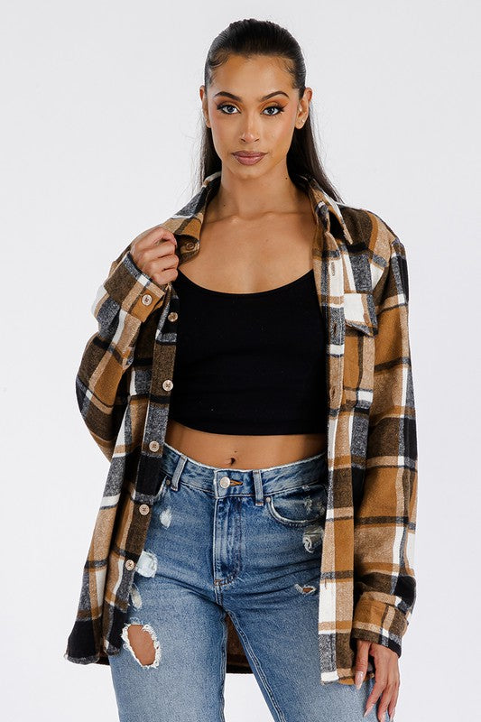 Women Plus Boyfriend Oversized Fit Brush Soft Flannel Shacket Zarnesh