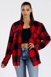 Women Boyfriend Oversized Button Chest Pockets Flannel Shacket Zarnesh