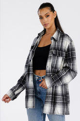 Women Boyfriend Oversized Fit Chest Pockets Flannel Shacket Zarnesh