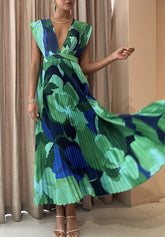 Women Long Spring Summer Print Deep V Neck Maxi Dress Zarnesh