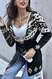 Women Black Multicolor Geometric Belted Waist Hooded Cardigan Zarnesh