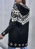 Women Black Multicolor Geometric Belted Waist Hooded Cardigan Zarnesh