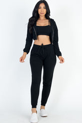 Women Cropped Cami Zip Up Jacket Drawstring Waist Joggers Set Zarnesh