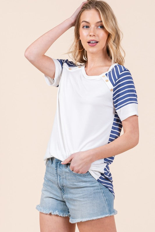Women Sporty Summer Pull over Stripe Combo Short Sleeve Top Zarnesh