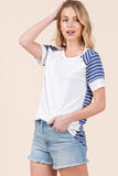 Women Sporty Summer Pull over Stripe Combo Short Sleeve Top Zarnesh
