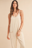 Women Side Pockets Fitted Cuff Pant Sleeveless V Neck Jumpsuit Zarnesh