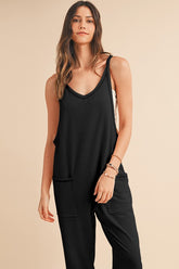 Women Side Pockets Fitted Cuff Pant Sleeveless V Neck Jumpsuit Zarnesh