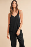 Women Side Pockets Fitted Cuff Pant Sleeveless V Neck Jumpsuit Zarnesh