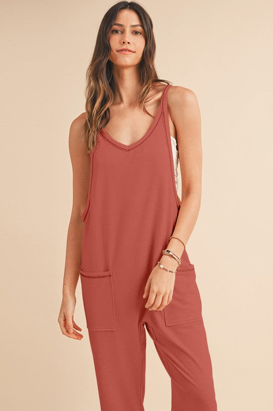 Women Side Pockets Fitted Cuff Pant Sleeveless V Neck Jumpsuit Zarnesh