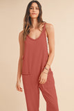 Women Side Pockets Fitted Cuff Pant Sleeveless V Neck Jumpsuit Zarnesh