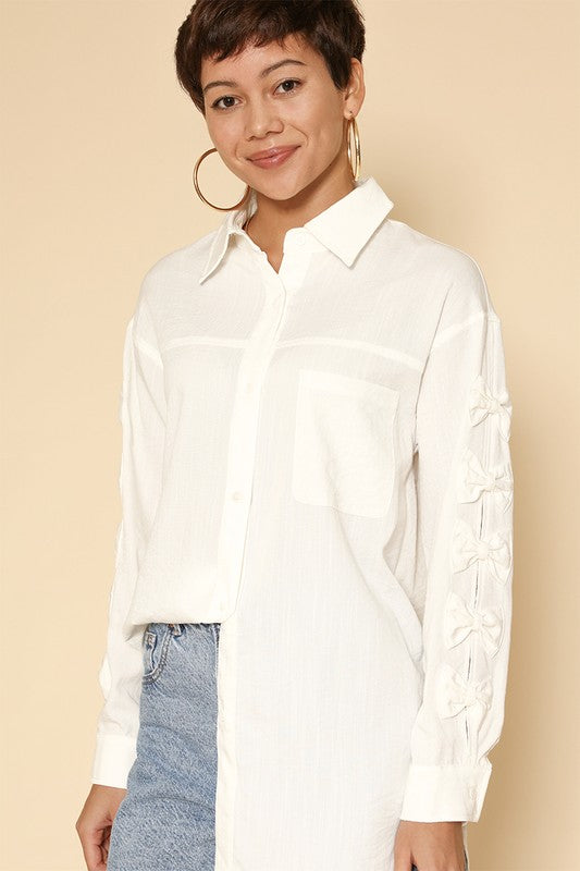 Women Collar Bow Long Sleeves with Cuffs Button Down Shirt Zarnesh