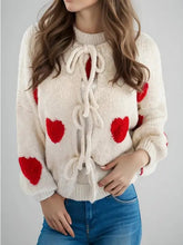 Women Front Bow Cherry Embroidery Tie Heart Cardigan Sweater Zarnesh