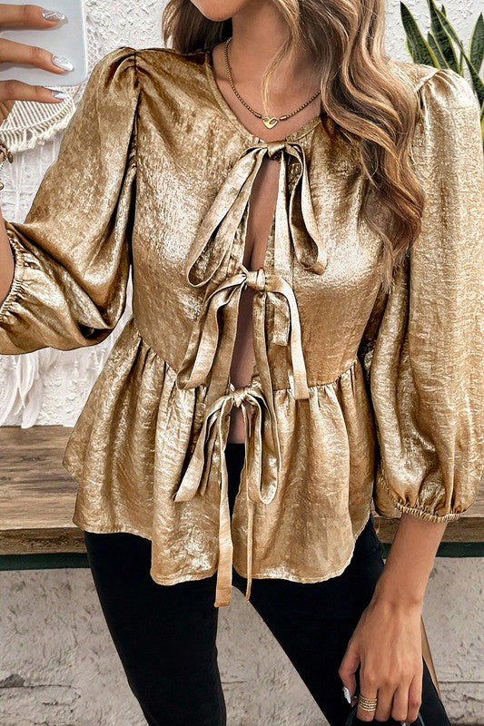 Women Bow Gold Tie Front Puff Sleeve Ruffle Hem Blouse Zarnesh