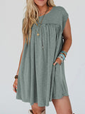 Women Summer Viscose Green Frilled Seam Pocket T Shirt Dress Zarnesh