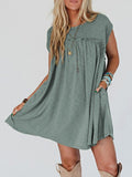 Women Summer Viscose Green Frilled Seam Pocket T Shirt Dress Zarnesh