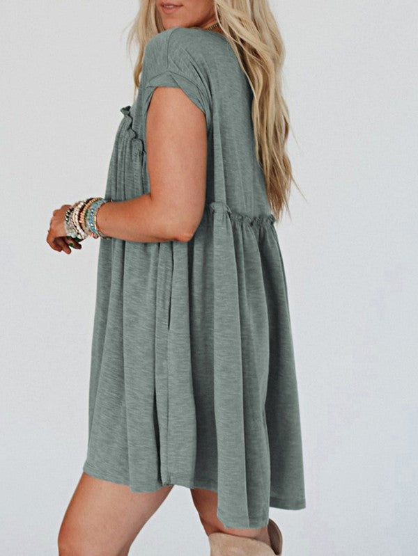 Women Summer Viscose Green Frilled Seam Pocket T Shirt Dress Zarnesh