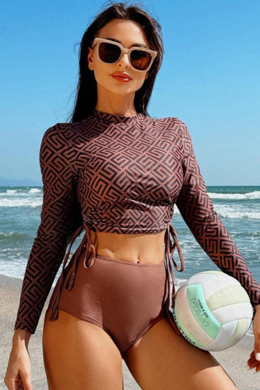 Women Geometric Printed Ruched Rash Guard Two Pieces Swimsuit Zarnesh