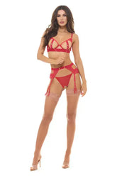 Woman wearing a red lingerie set on a white background