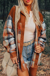 Women Plaid Corduroy Patchwork Collar Chest Pocket Shacket Zarnesh