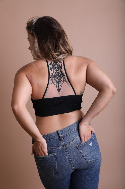 Women Plus Size Tattoo Mesh Racerback Bralette Zarnesh