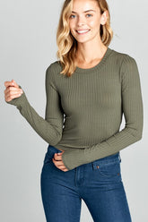 Women Round Neck Long Sleeve Ribbed Knit Cropped Top Zarnesh