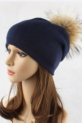 Women Raccoon Fur PomPom Pre-Sewed Slouchy Beanie | Zarnesh