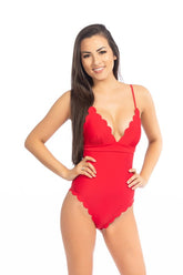 Women Red Adjustable Straps Scallop Back Cutout Bow One Piece Swimsuit Zarnesh