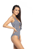 Women Black And White Scoop Neck Gingham Cutout Tie One Piece Swim Zarnesh