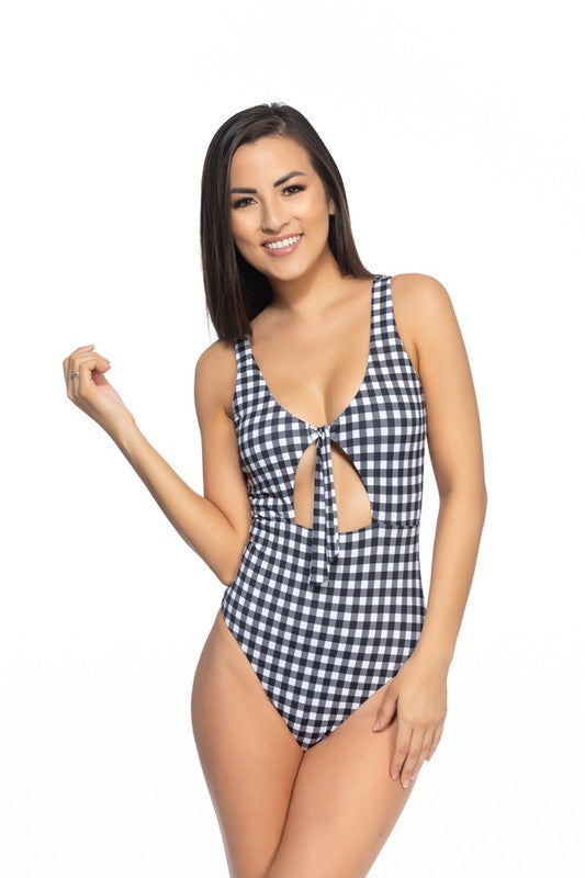 Women Black And White Scoop Neck Gingham Cutout Tie One Piece Swim Zarnesh