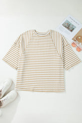 Plus Size 3/4 Sleeve Striped Raglan Textured Top | Zarnesh