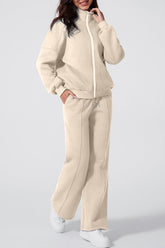 Women’s Solid Drawstring Wide Leg Pants Set Zip Up Jacket | Zarnesh
