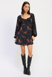 Women’s Floral Print Square Neckline Long Sleeve Mini Dress | Zarnesh