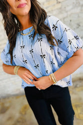 Bow Print Puff Short Sleeve Blouse Top | Zarnesh