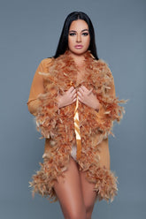 Women’s Lux Short Sheer Feather Trim Front Tie Lingerie Robe | Zarnesh
